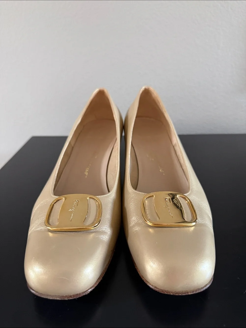 Salvatore Ferragamo gold metallic leather low-heel pump shoes